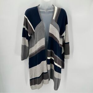 3/$15 CHICOS Cardigan Size 2 L 12/14 Gray Navy Pattern Knit Open Waterfall READ